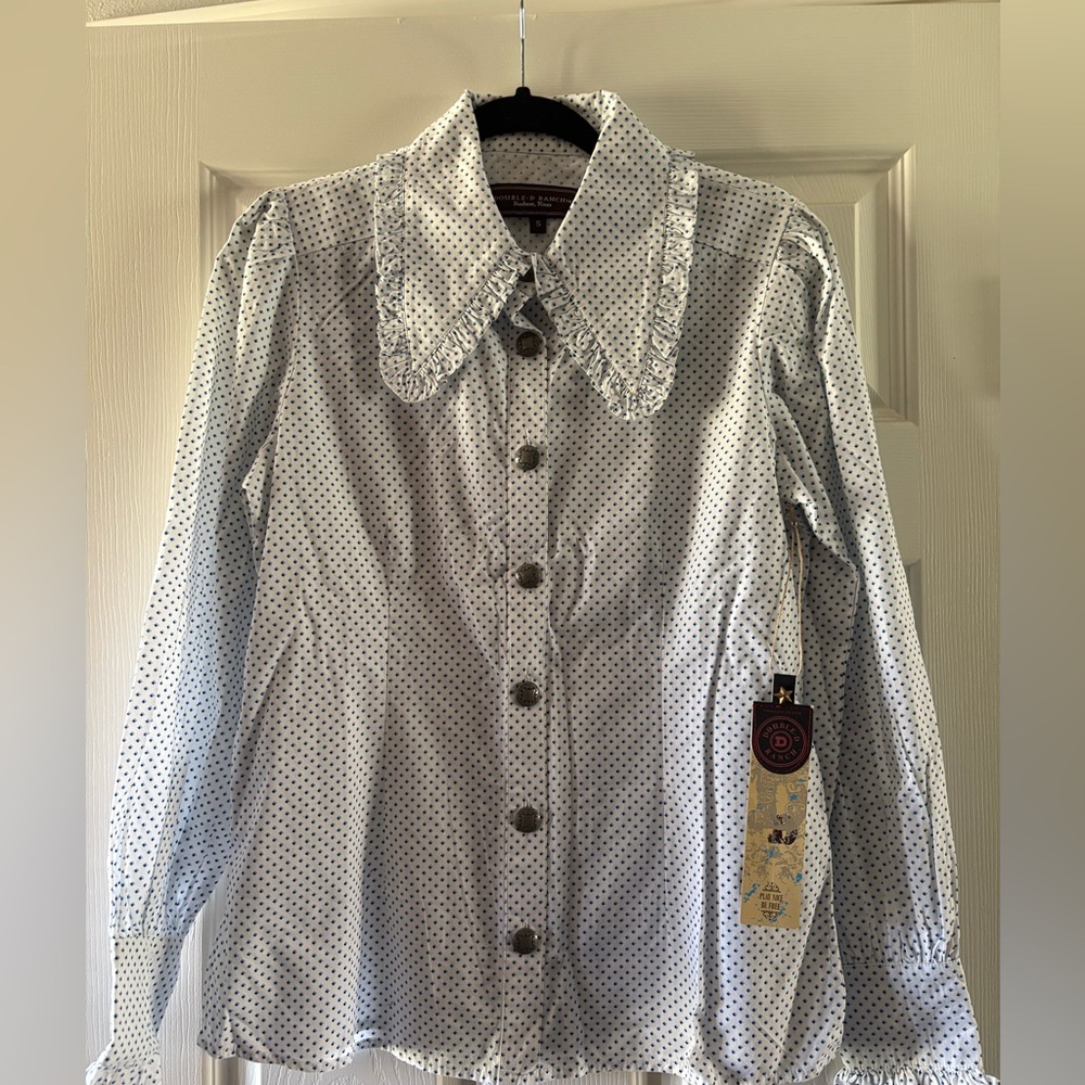 Double D Ranch White and Blue Polka Dot Shirt